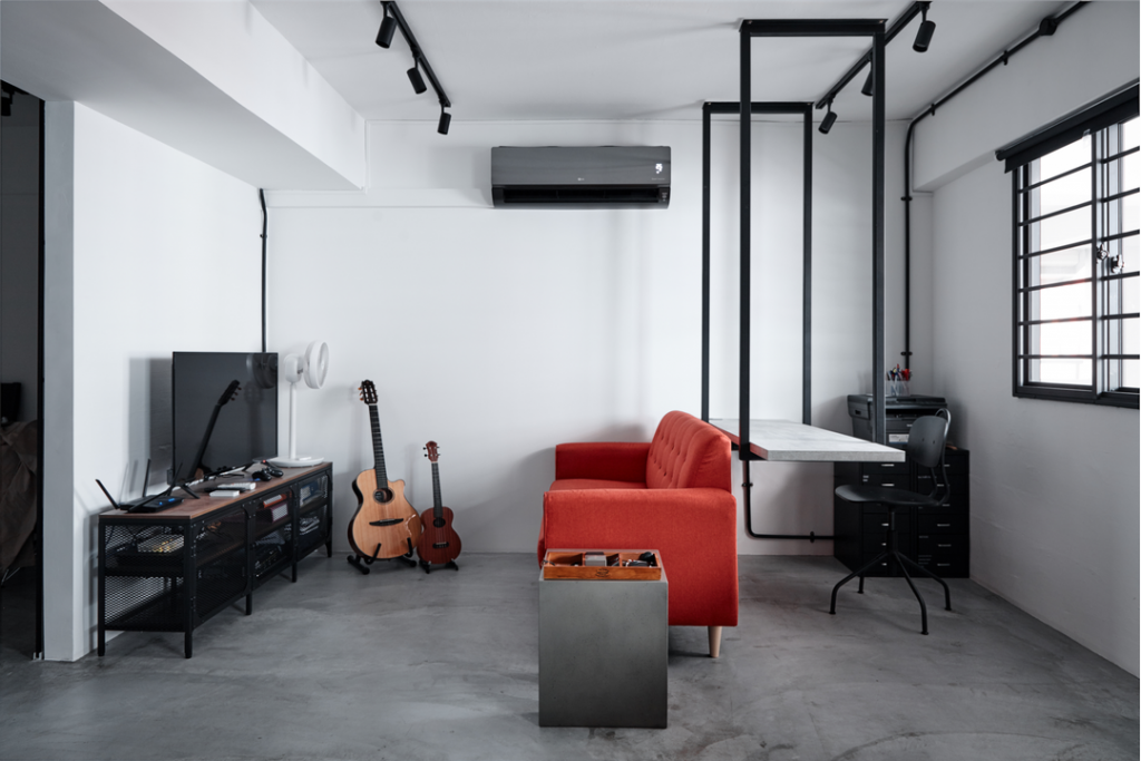 red sofa, dark furniture, industrial