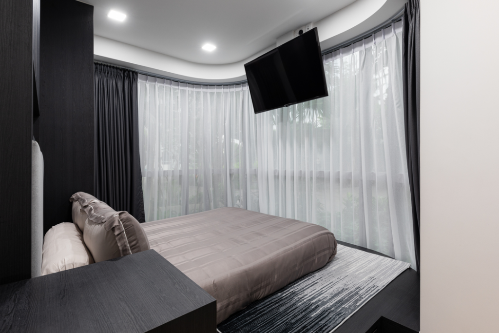bedroom, dark furnishings, curtains, minimalistic