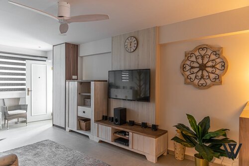 living room, 4 room HDB interior design, wooden surfaces